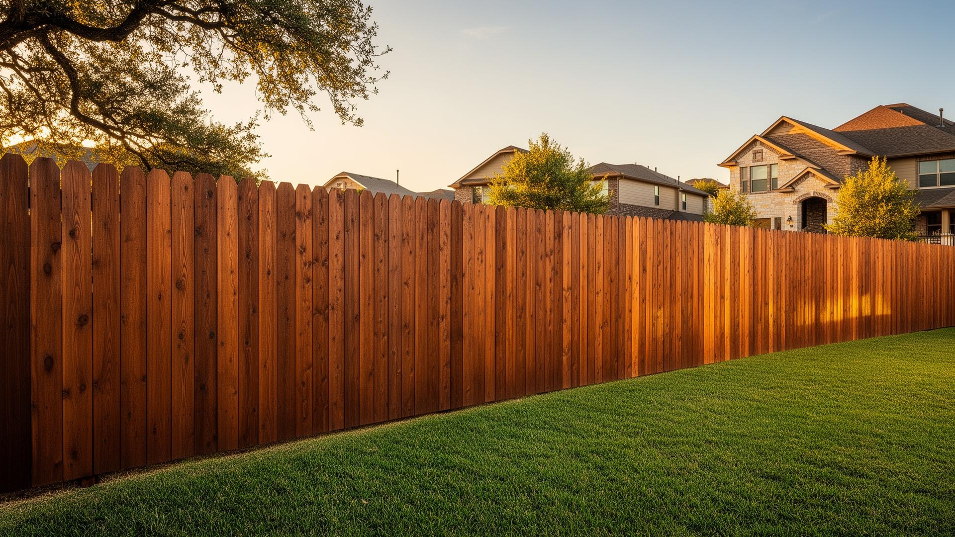 Freshly stained cedar privacy fence in a DFW backyard at golden hour