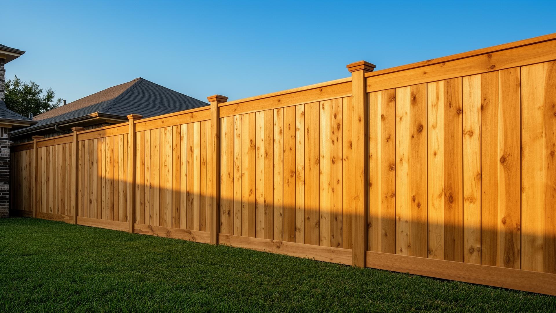 Newly installed custom cedar privacy fence with cap rail in a DFW backyard