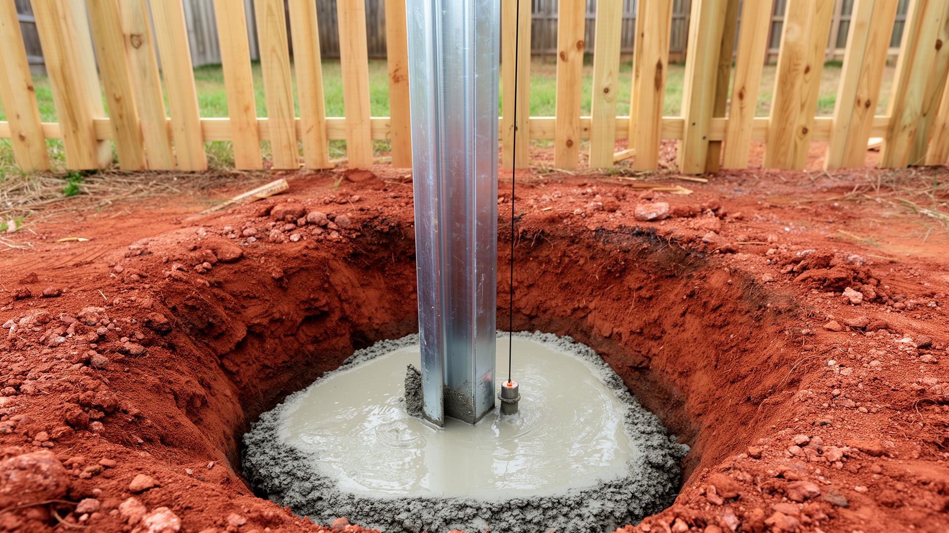 Galvanized steel fence post set in wet-pour concrete in DFW red clay soil