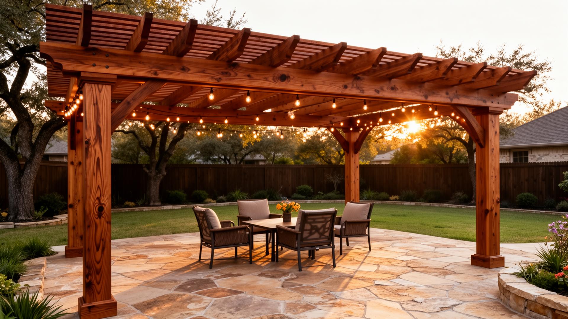 Stained cedar pergola over a Texas stone patio at golden hour