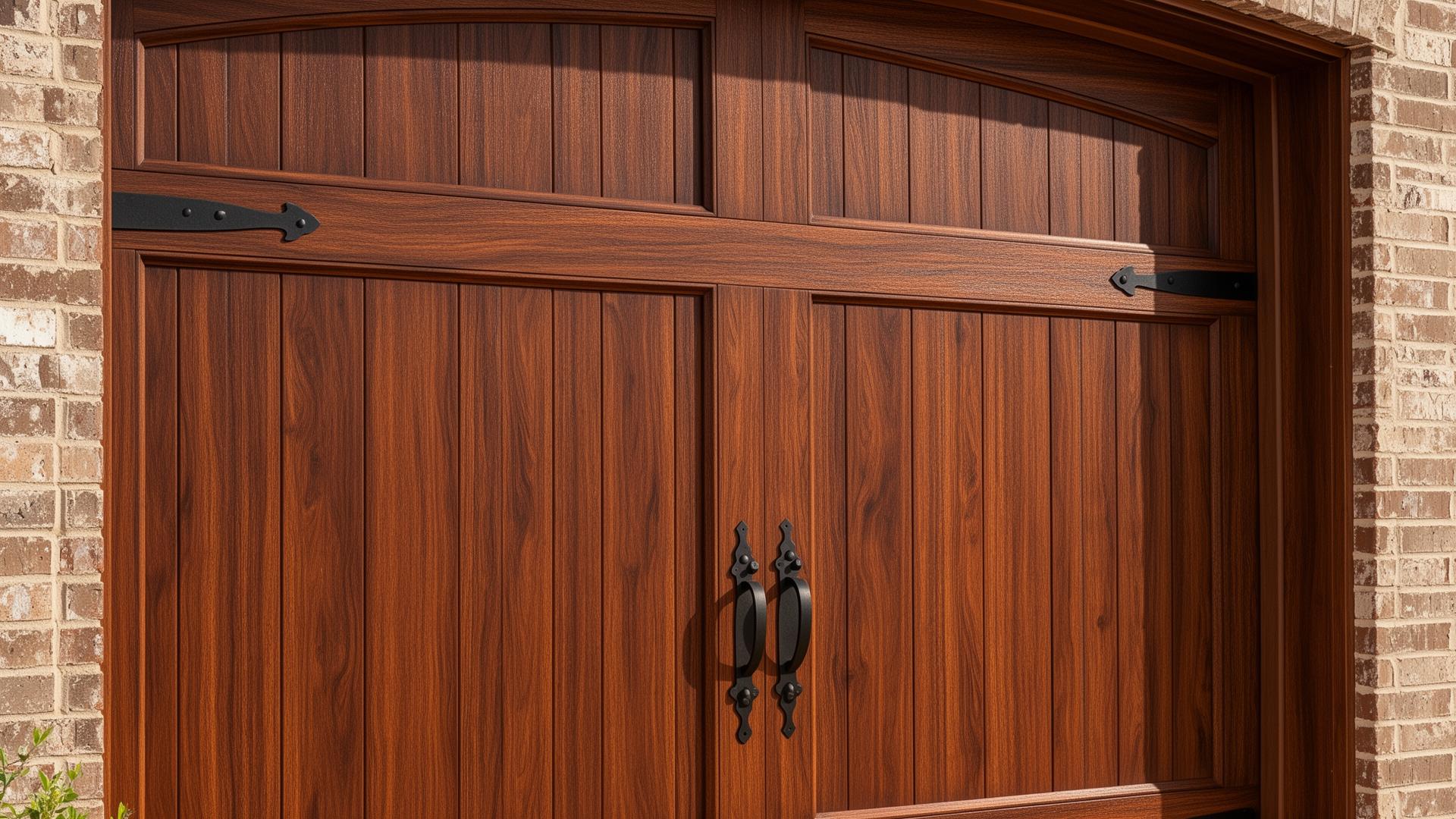 Hand-stained cedar garage door with decorative wrought iron hardware